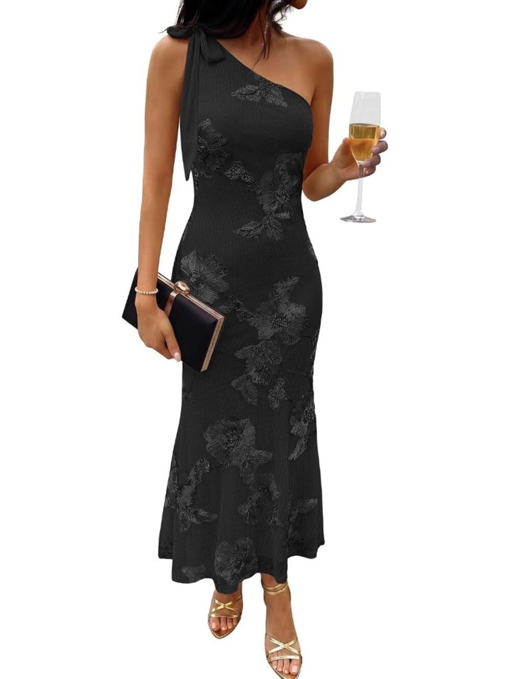 Women's Black Summer Fall Fashion Bodycon One Shoulder Maxi Cocktail Dresses